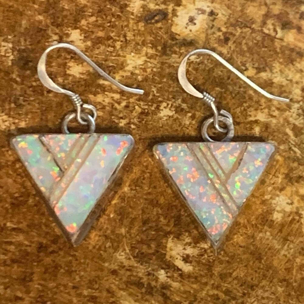 Sterling Silver and Opal Inlayed Triangular Earrings Vintage
